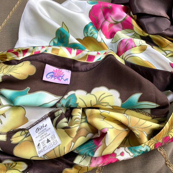 Geisha Dress Y2K Silk Floral Sleeveless Round Neck Brown Yellow Pink Aqua (S) - Picture 5 of 8